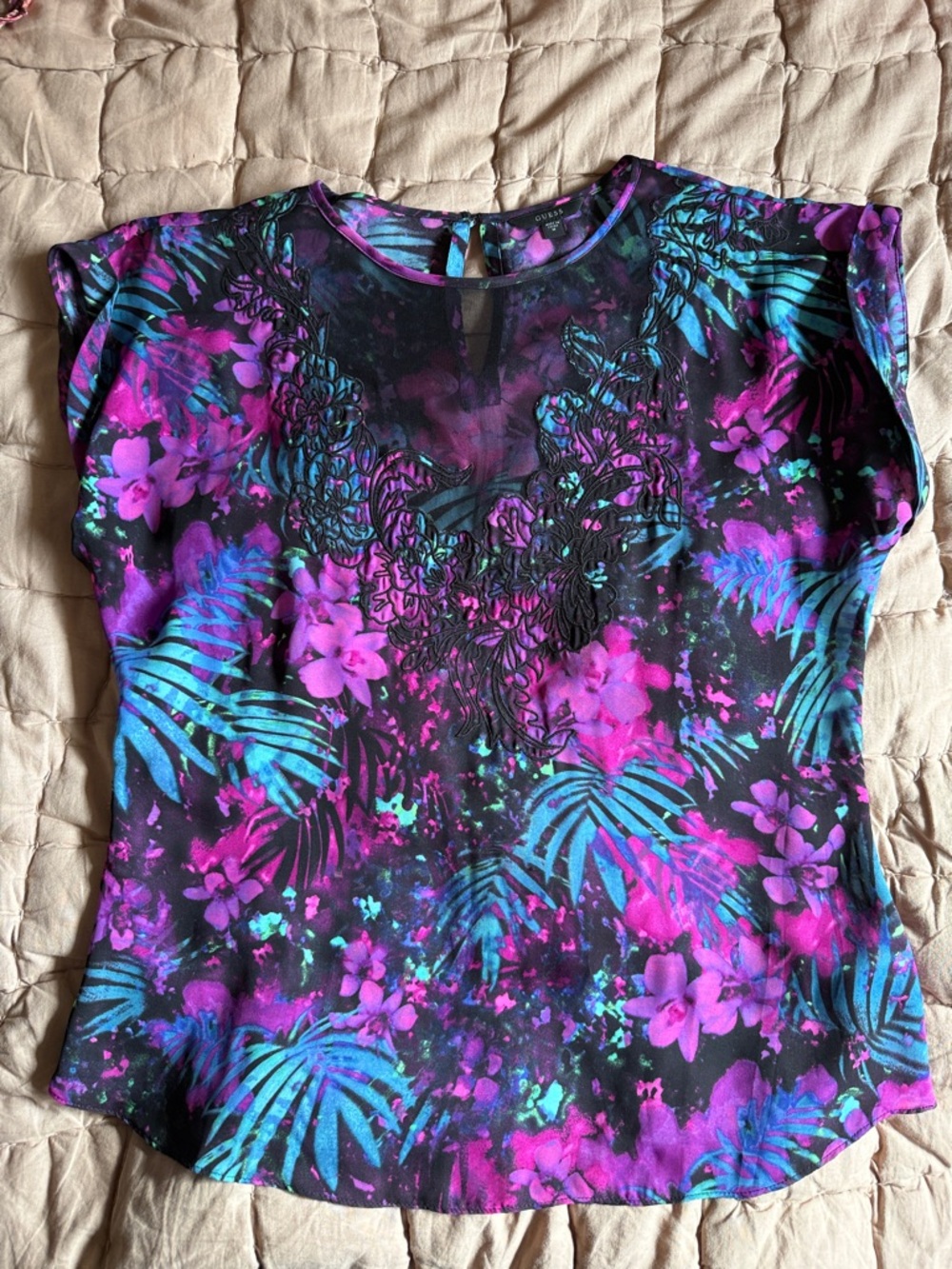 Floral Embroidered Cap-Sleeve Blouse - Purple & Teal